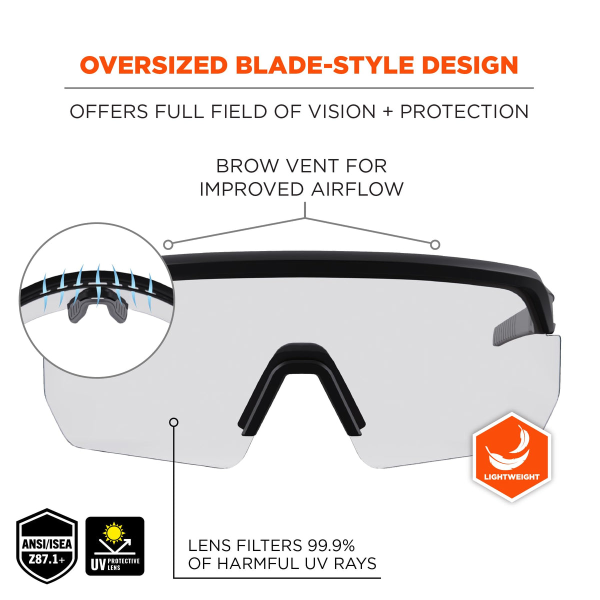 Ergodyne Skullerz Aegir safety glasses lightweight frame enhances comfort.