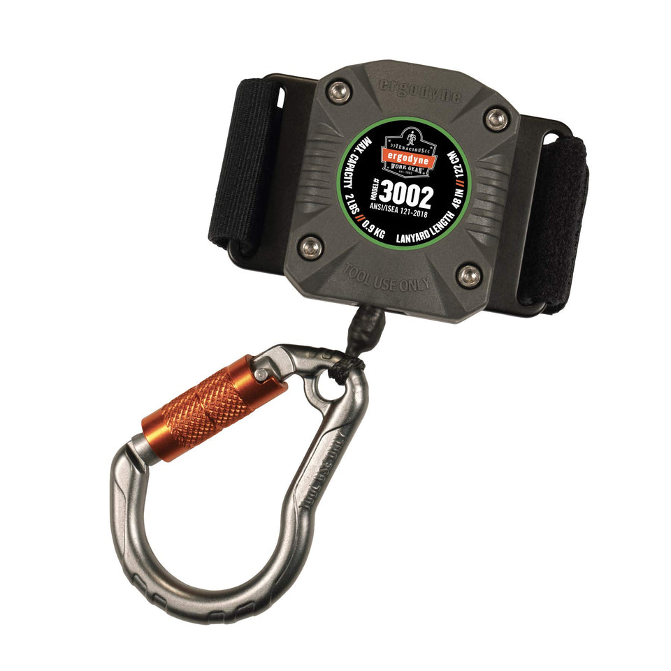 Ergodyne Squids 3002 retractable tether attached to belt for safer tool access