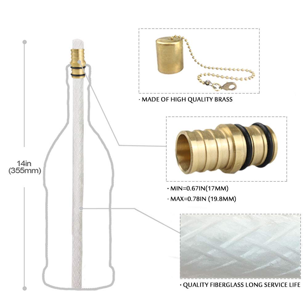 Brass wick holders ensure stable flames for decorative bottle torches.