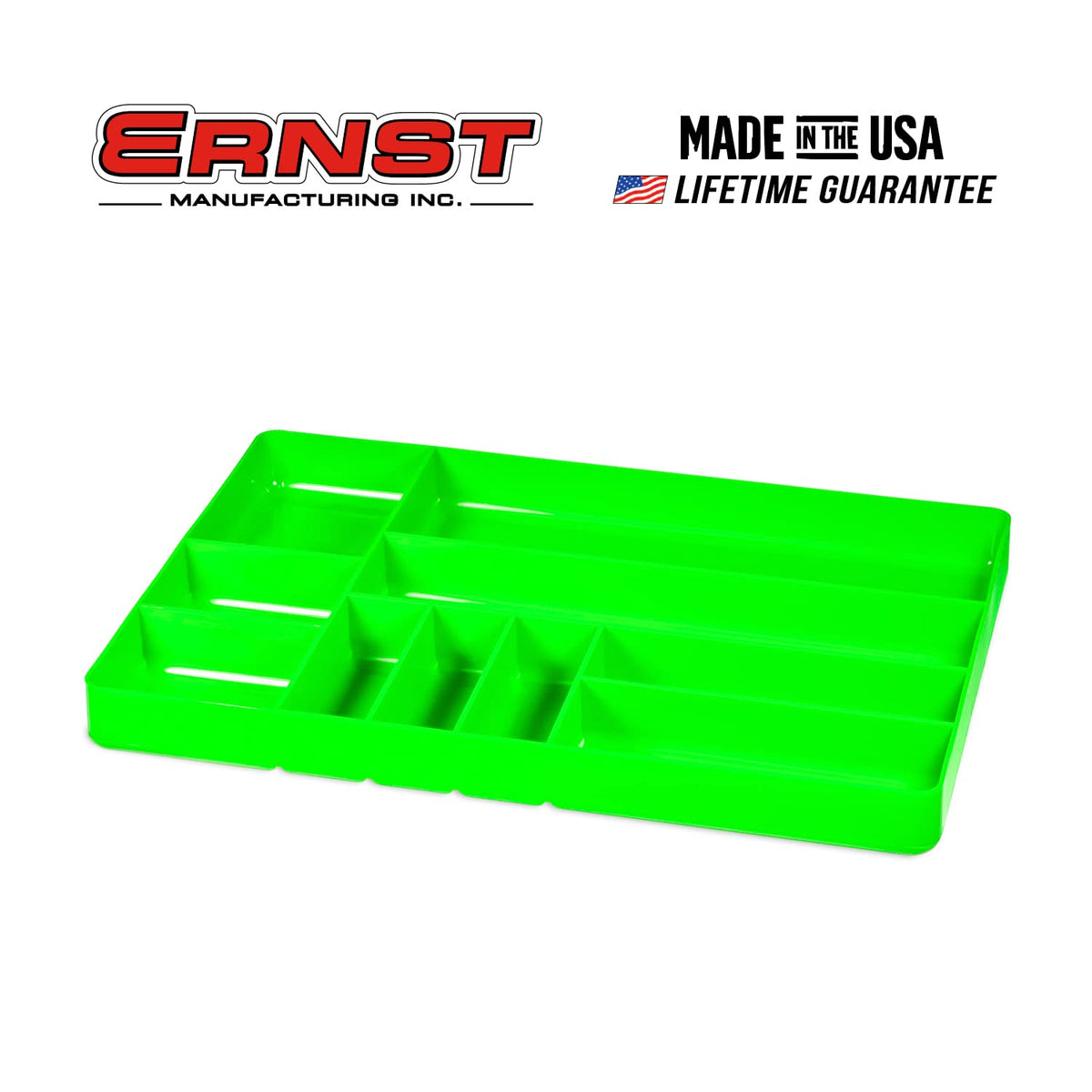 Ernst green 11x16 tray fits in tool chests and keeps parts accessible.