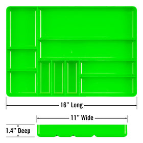 Ernst green tray placed on a workbench for easy tool setup and access.