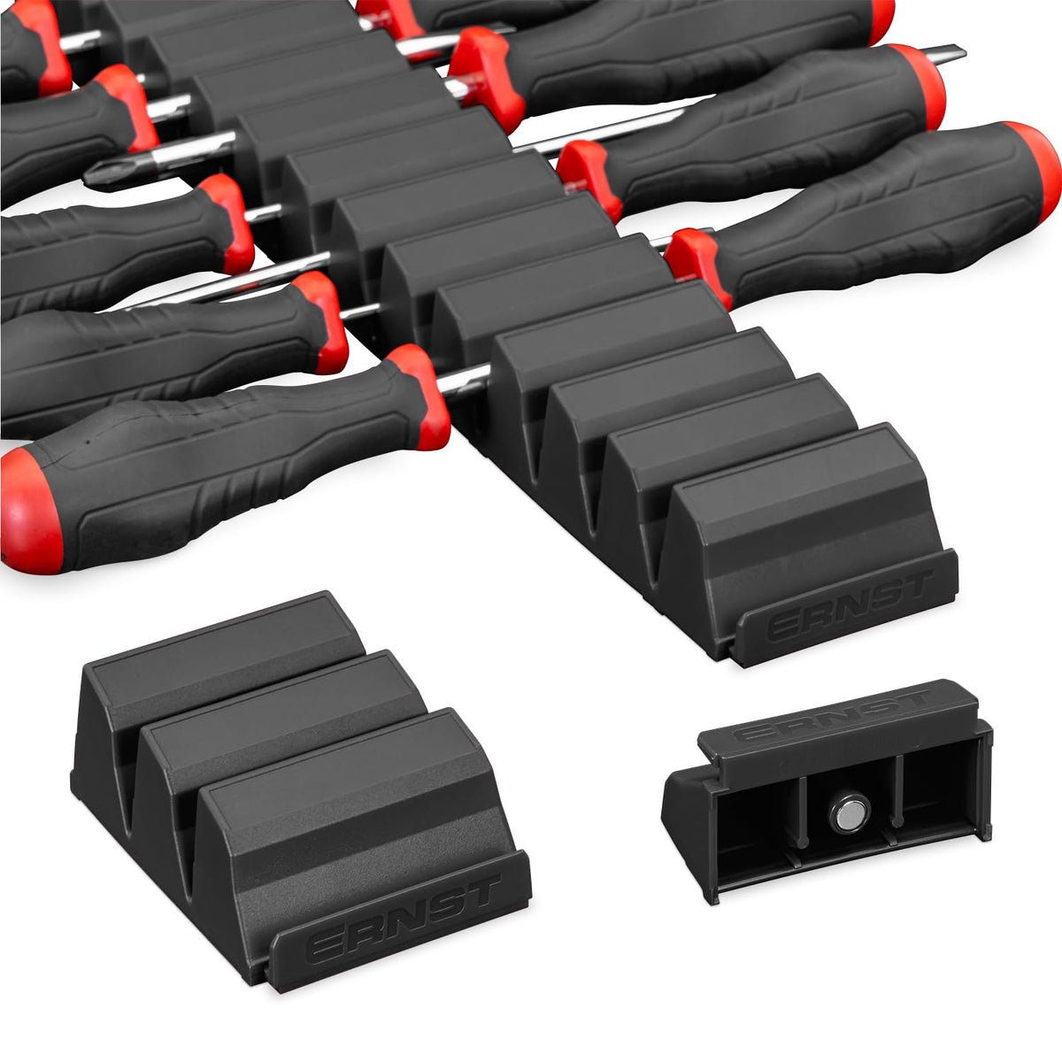 Ernst Manufacturing Screwdriver Pro with magnetic base stabilizes tools in a busy drawer.