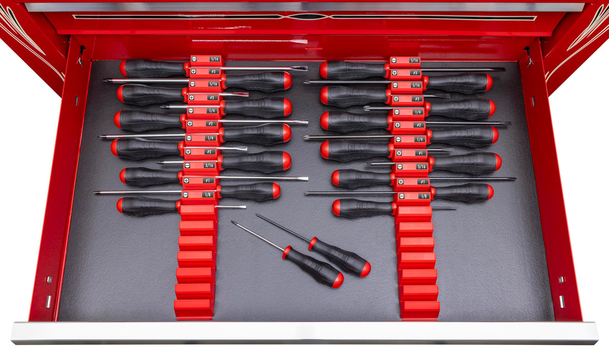 Ernst Screwdriver Pro triple-tab holders help separate tool families.