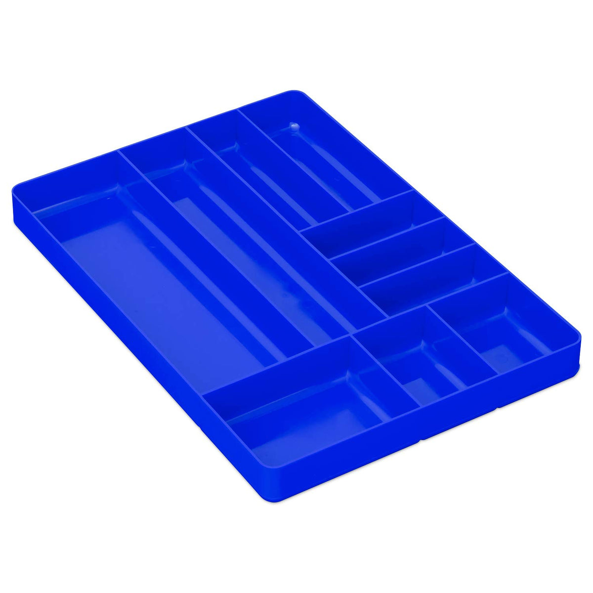 Ernst MFG 10-compartment blue organizer stores nuts, bolts, and tools.