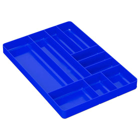 Ernst MFG 10-compartment blue organizer stores nuts, bolts, and tools.