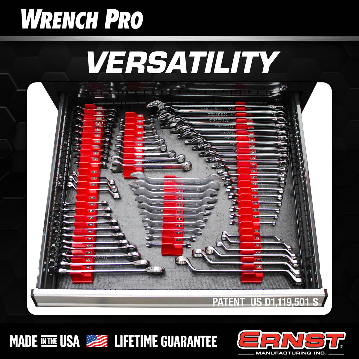 40-tool capacity shown on Ernst Wrench Pro in a tidy workspace.