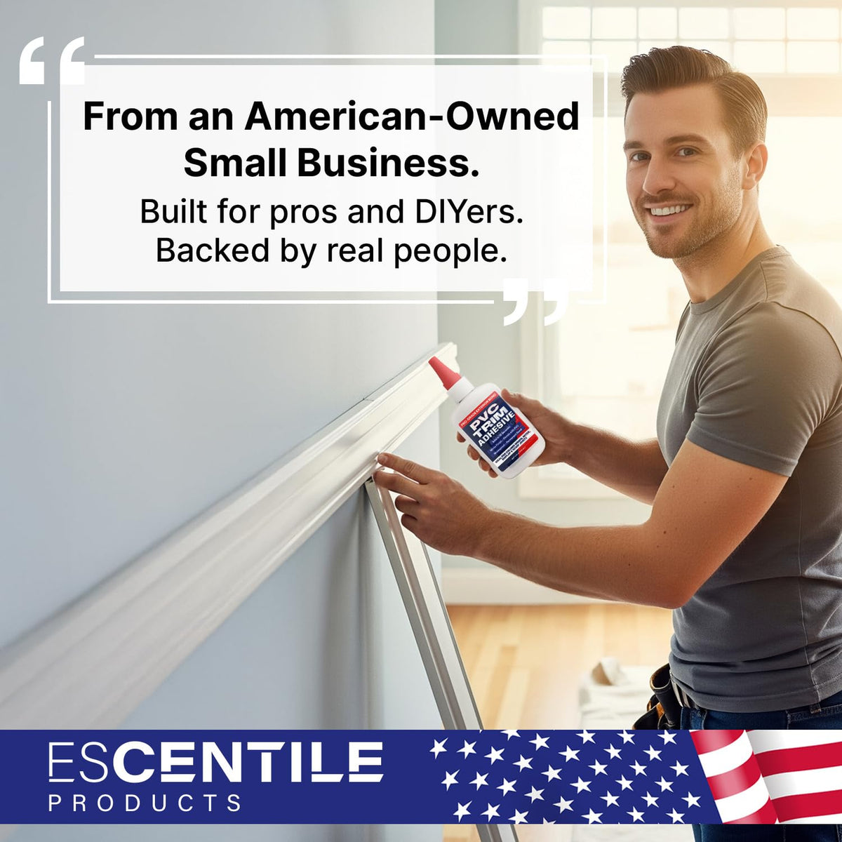 Escentile moulding glue suited for interior and exterior trim work.