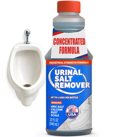Escentile Urinal Salt Remover bottle pour demonstrates quick action against mineral buildup for fresher restrooms.