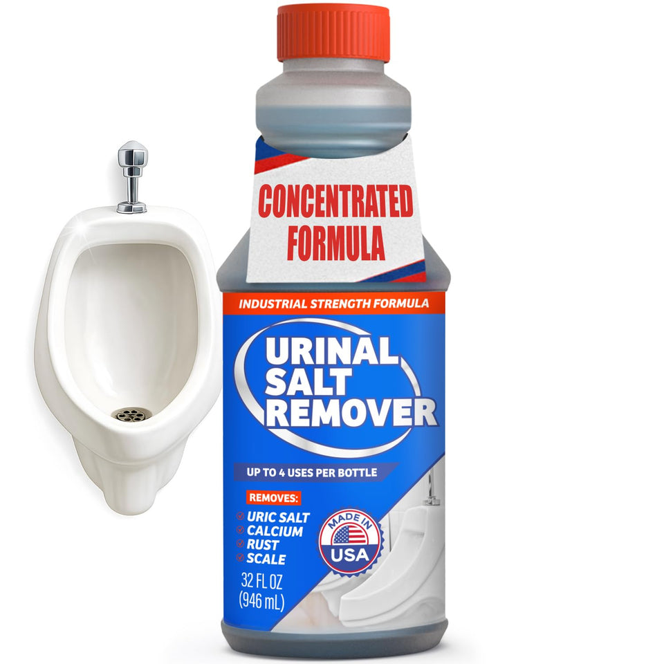 Escentile Urinal Salt Remover bottle pour demonstrates quick action against mineral buildup for fresher restrooms.