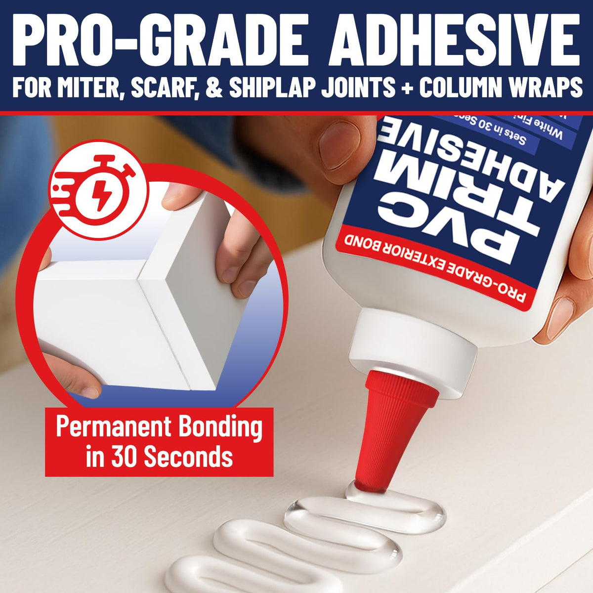Escentile weather-resistant PVC glue ideal for outdoor trim and decking.
