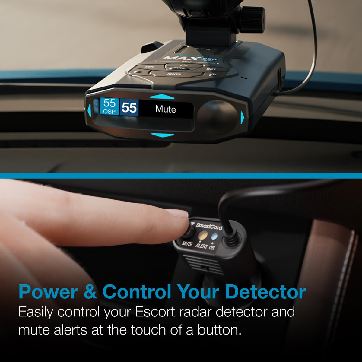 Escort SmartCord blue alert LED for quick signal visibility on the dash.