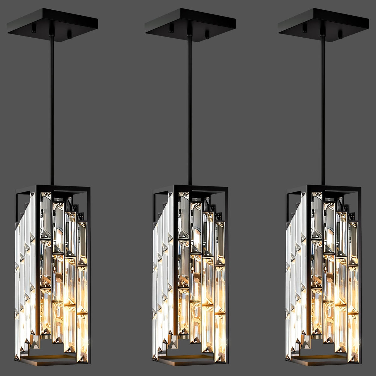 Esfos black pendant light over a kitchen island in a 3-pack setup for stylish illumination.