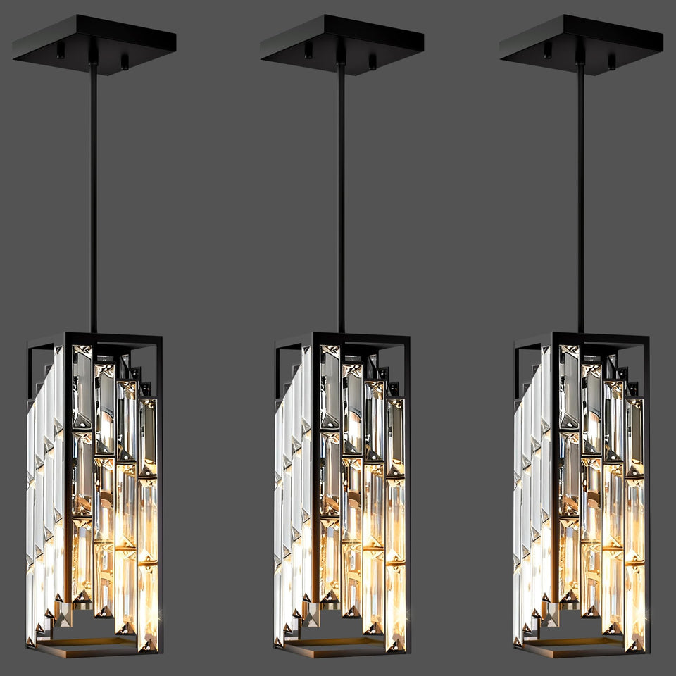 Esfos black pendant light over a kitchen island in a 3-pack setup for stylish illumination.
