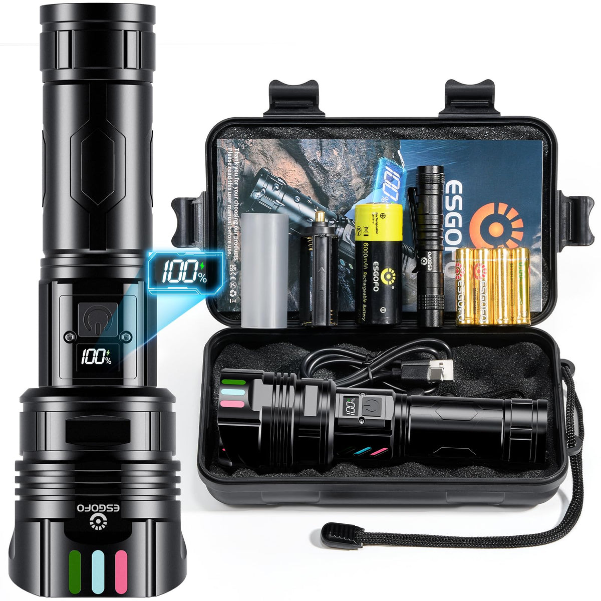 Esgofo Super Bright Flashlight front view showing massive illumination range