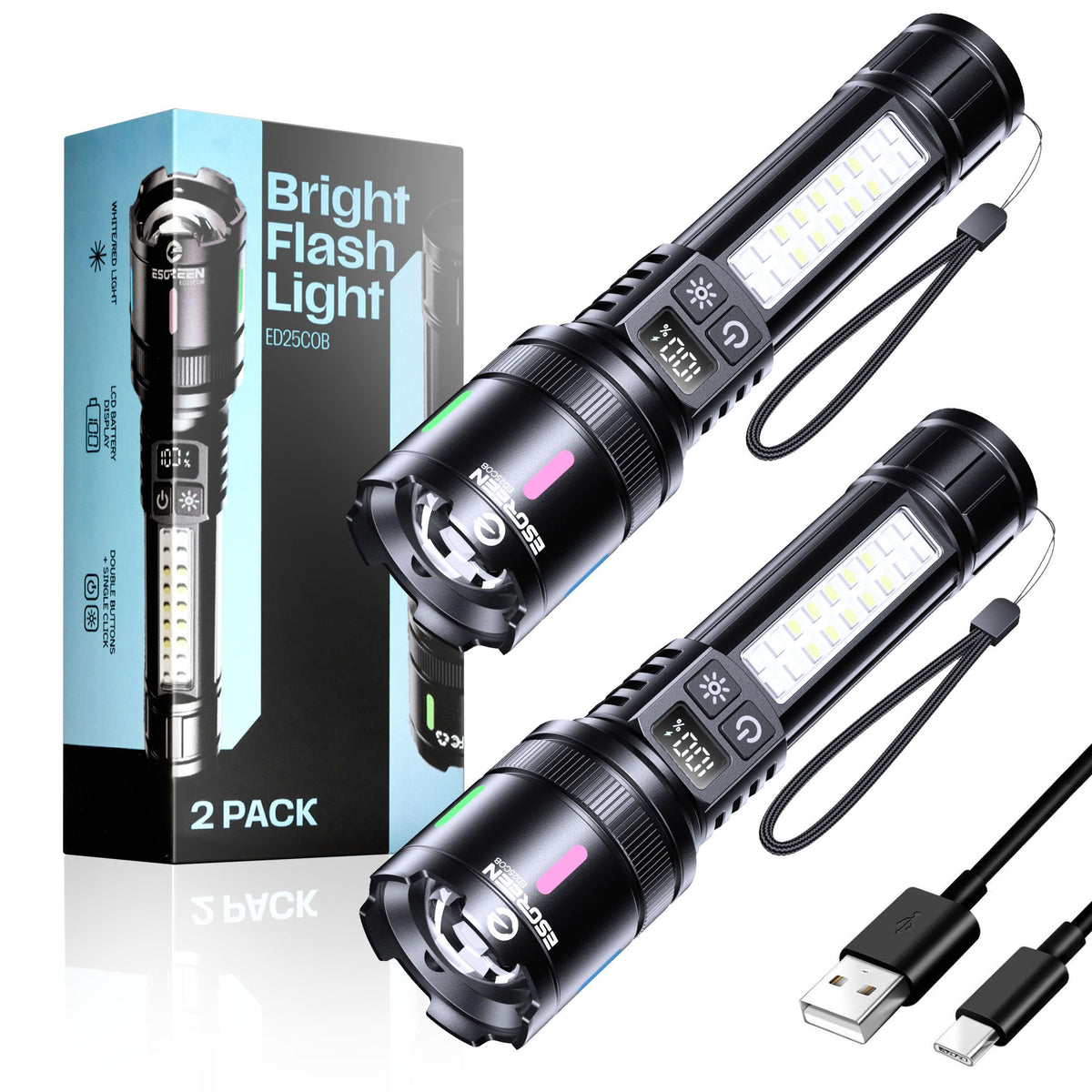 Esgreen 20000-lumen flashlight front view showing powerful beam for outdoor visibility