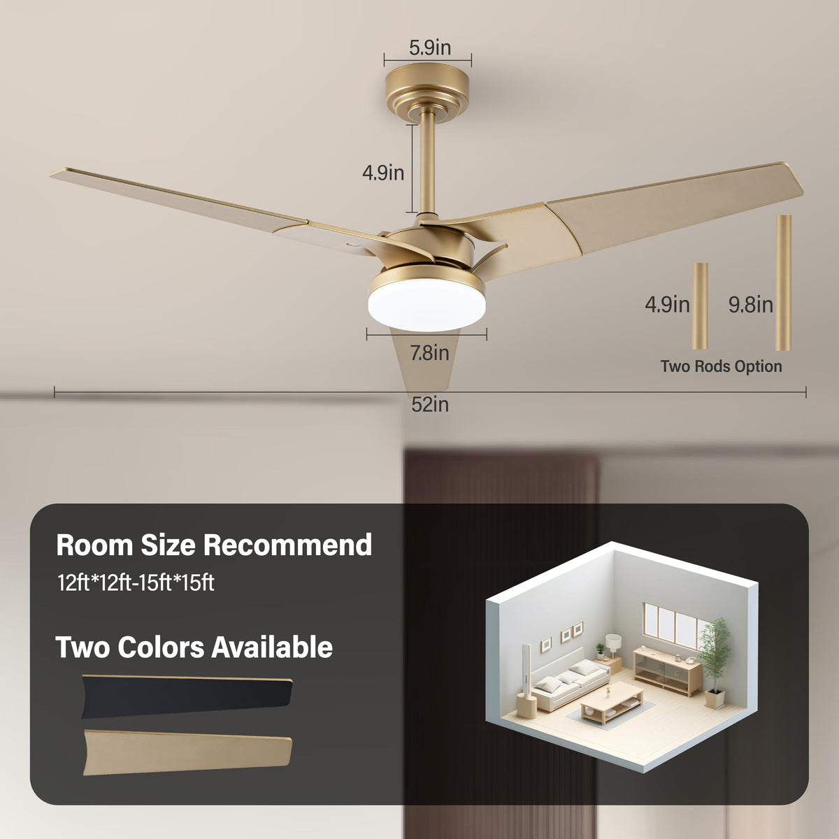 Esiovco outdoor wood blade fan in gold finish for durable airflow.