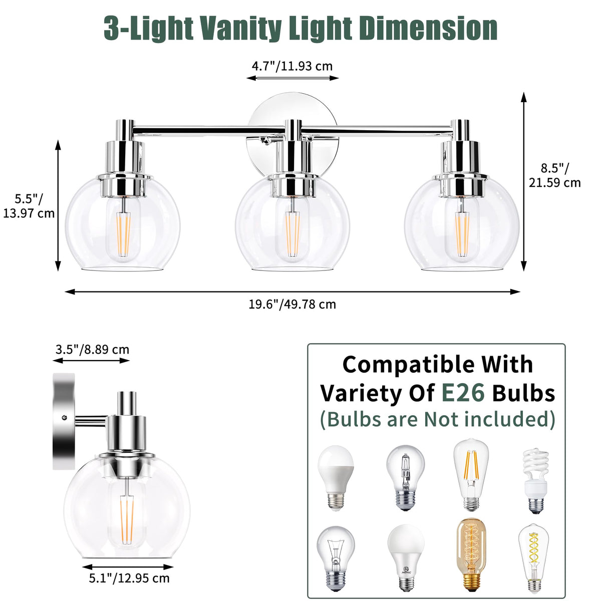 Espird chrome globe vanity light closeup highlights durable glass and finish