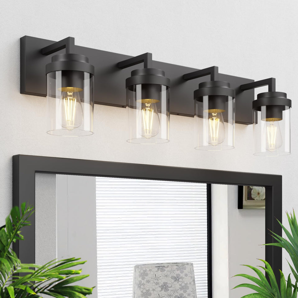 Espird vanity light front view with matte black frame enhances bathroom ambiance.