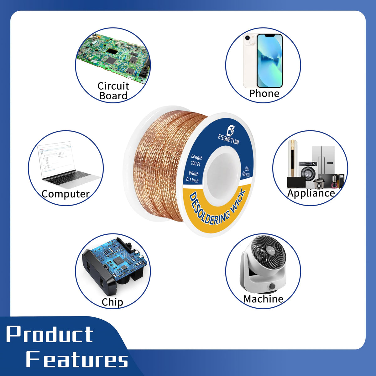 Essmetuin desoldering wick works with soldering iron and vacuum tools.