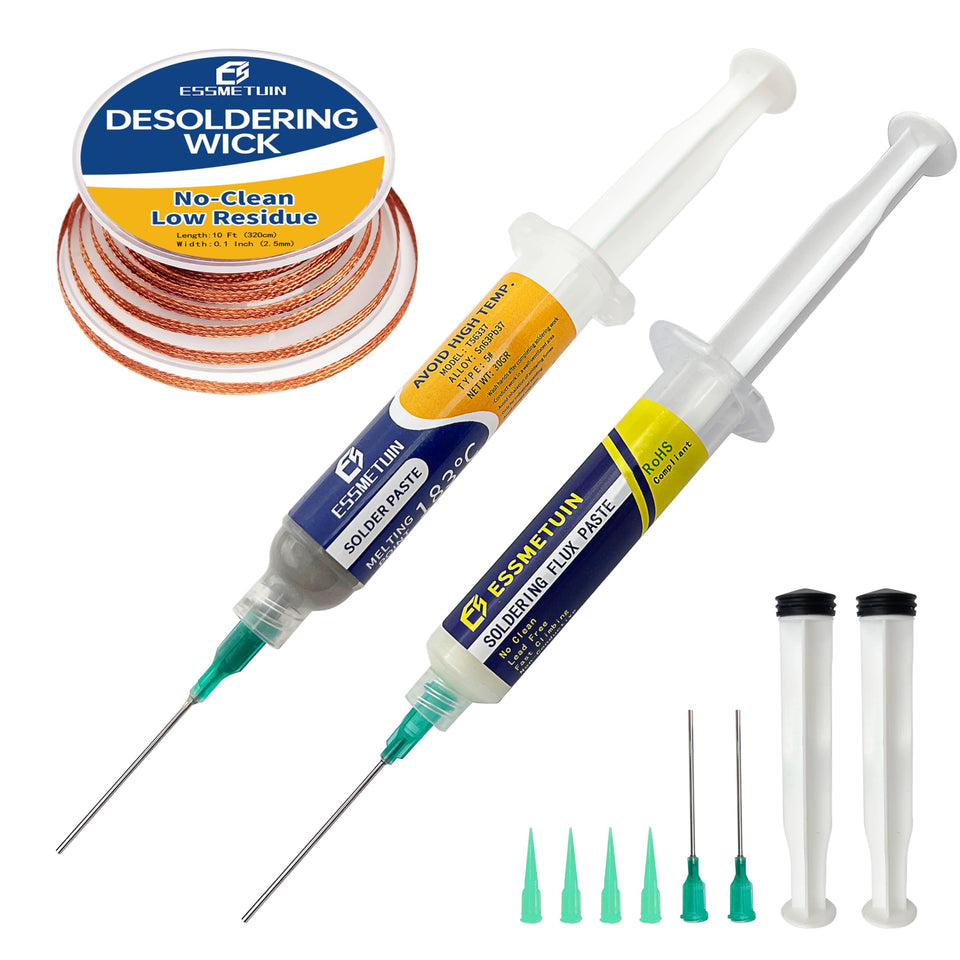 Essmetuin solder paste Sn63Pb37 with flux for smooth board joints.