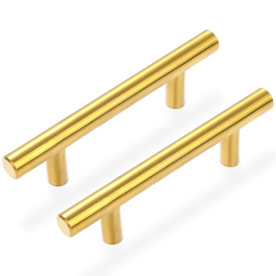 Estmoon brushed brass cabinet handle with 3-inch hole center and 5-inch length, modern upgrade.