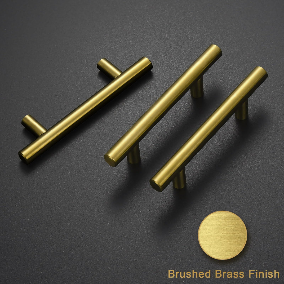 Closeup of Estmoon brushed brass cabinet handle showing smooth finish and ergonomic edge.