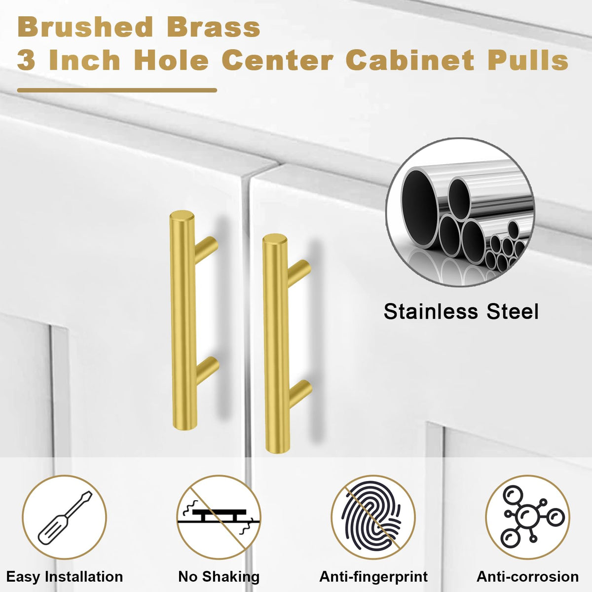 Estmoon 30-pack brushed brass cabinet pulls packaged to prevent scratches.