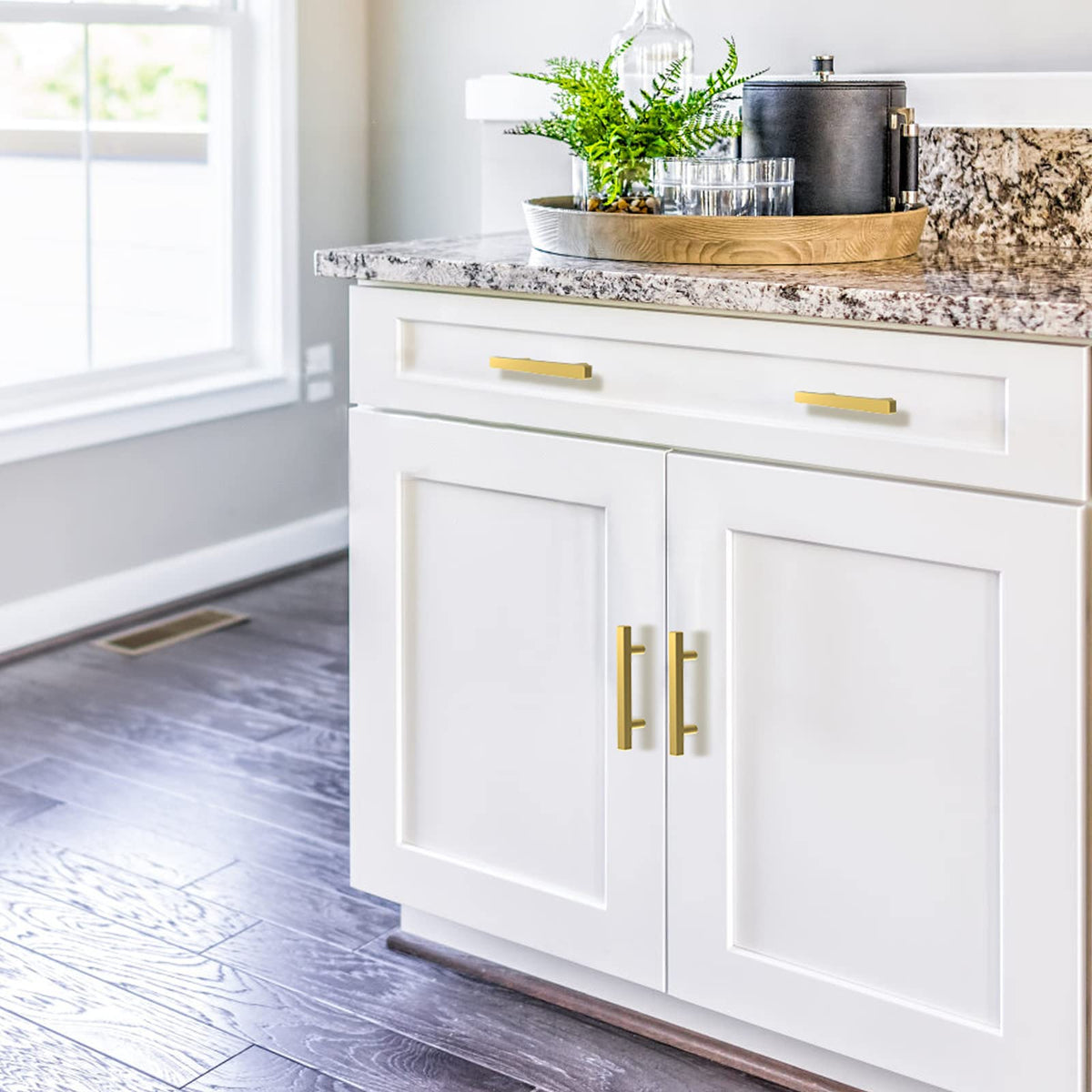 Estmoon brushed brass pulls install easily with included M4 screws