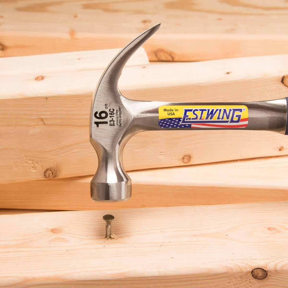 Estwing curved claw hammer shown in workshop ready for framing tasks