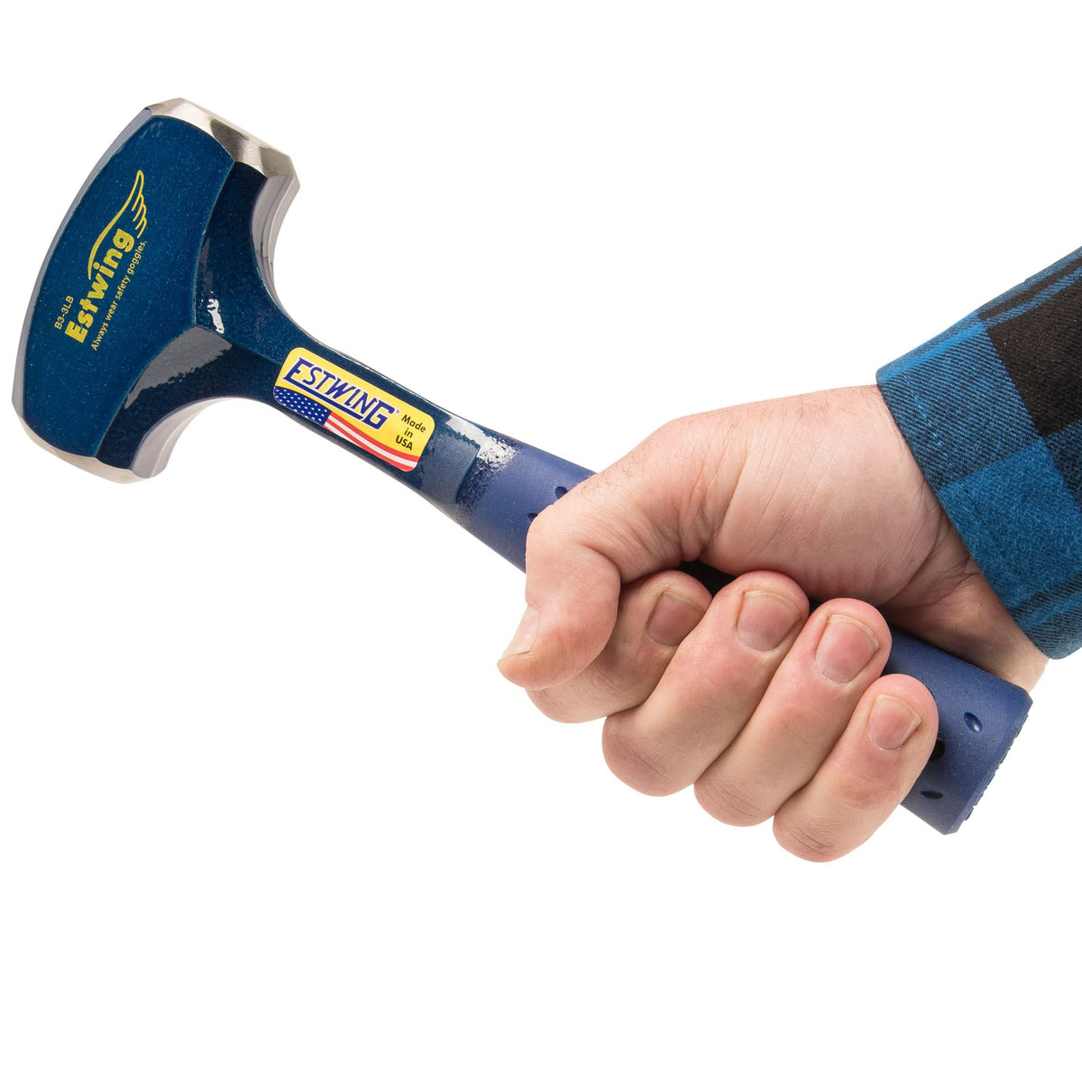 Blue UV coating on Estwing hammer protects finish during work.