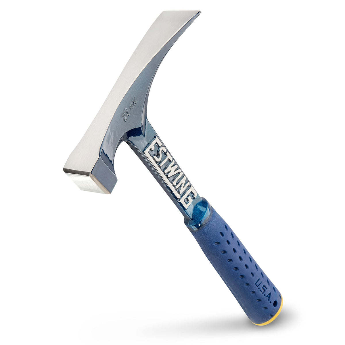 Estwing E6-22BLC hammer head close-up showing forged steel durability for masonry work.