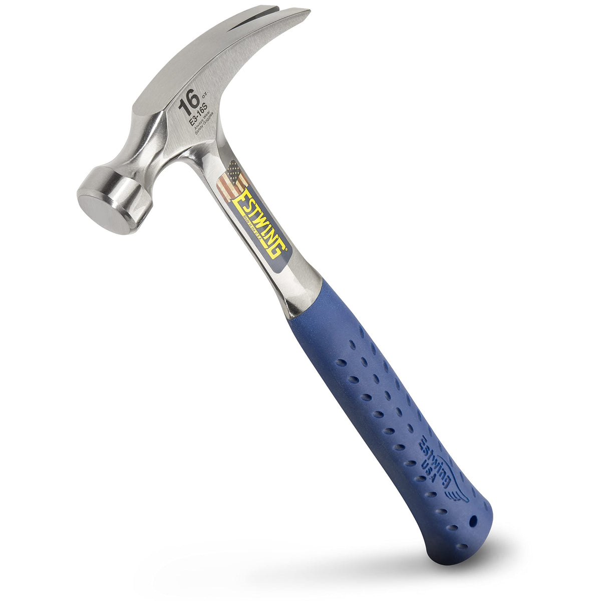 Estwing 16 oz hammer head close-up showing solid one-piece forged steel for durability.