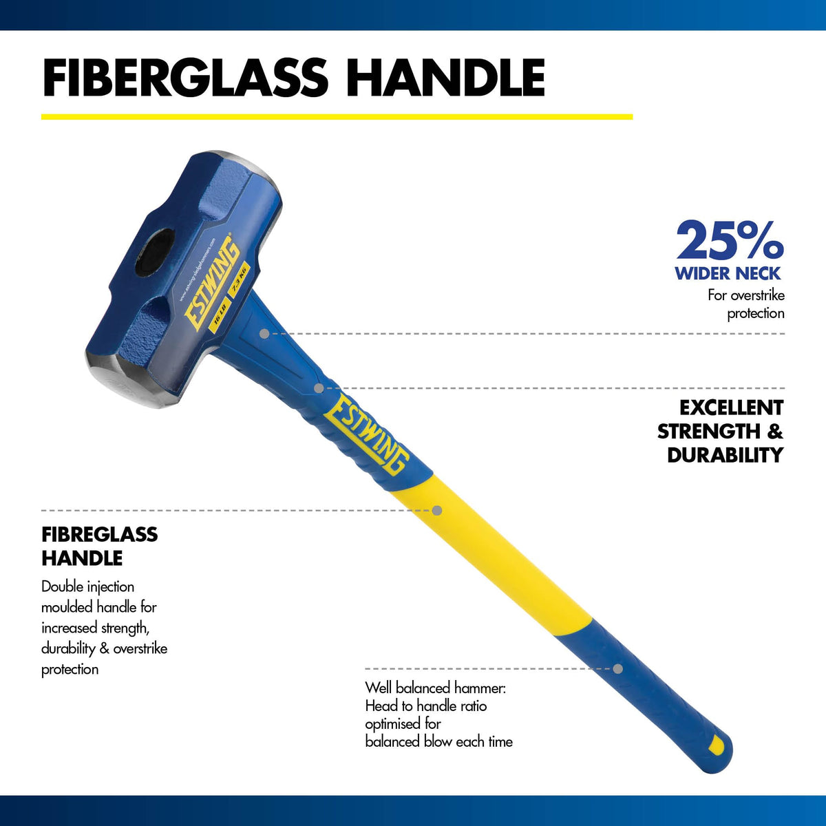 Estwing thicker overstrike protection on the handle guards against missed hits.