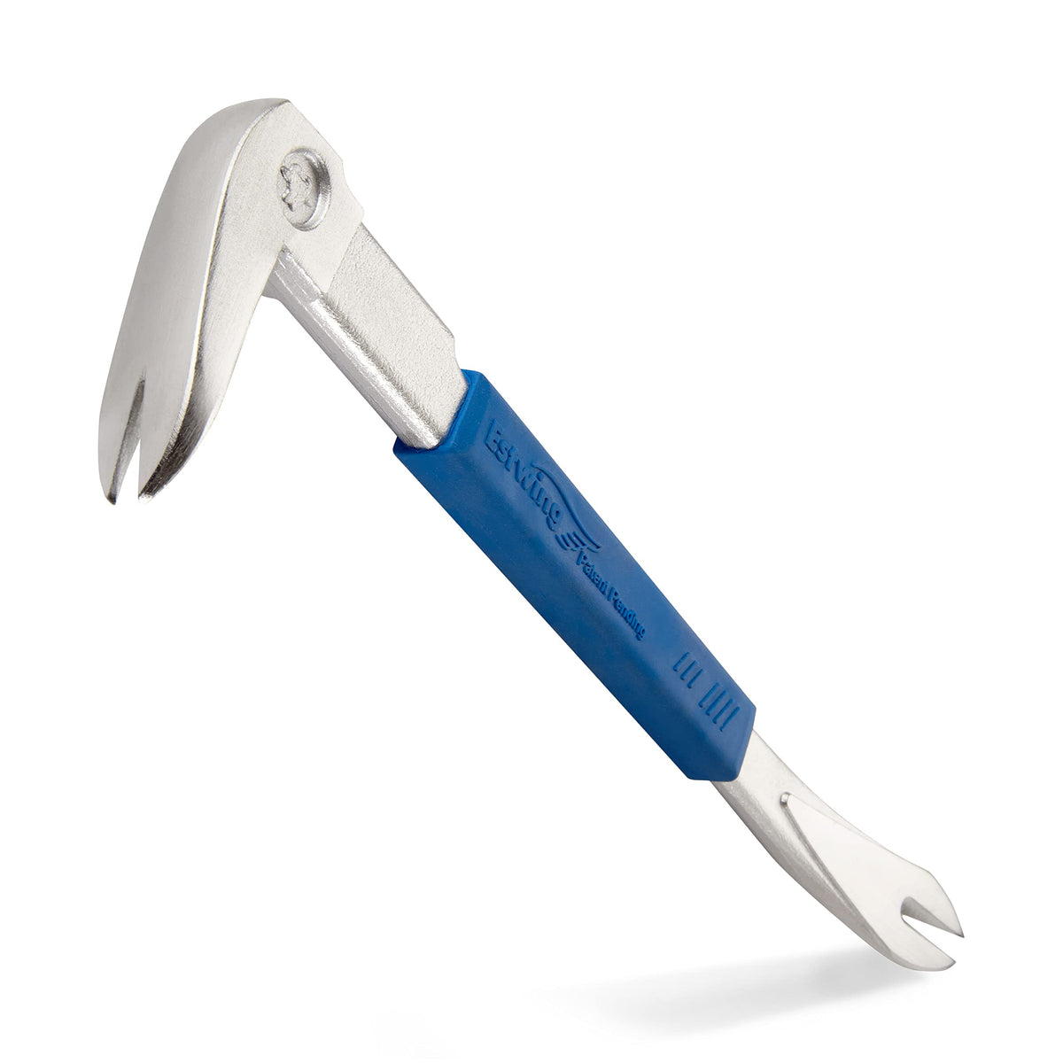 Estwing Pro Claw Nail Puller with blue cushion grip demonstrates high leverage for headless nail removal.