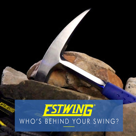 Estwing rock pick in field use for geology work and fossil extraction