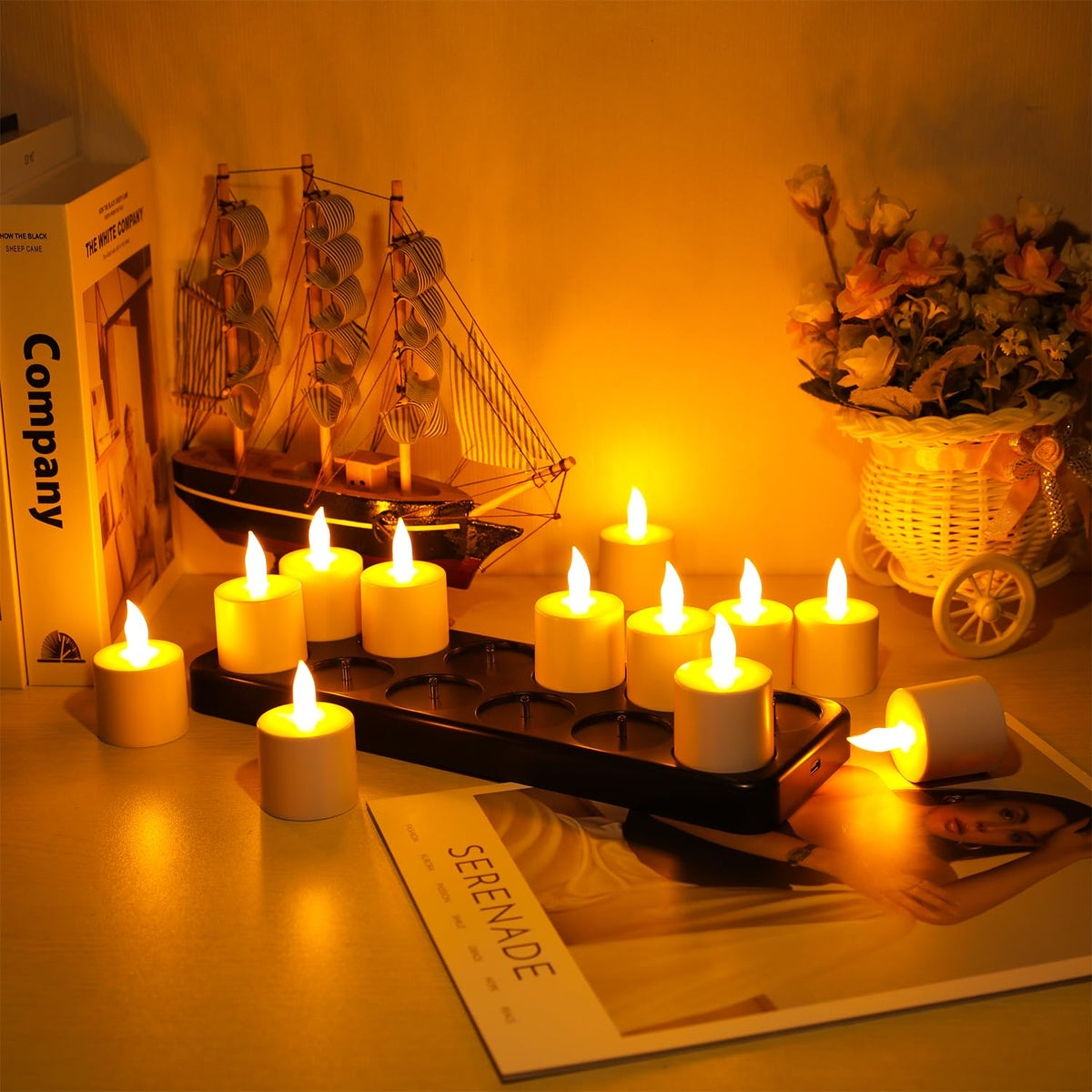 Esup charging base and USB cable keep candles powered and ready.
