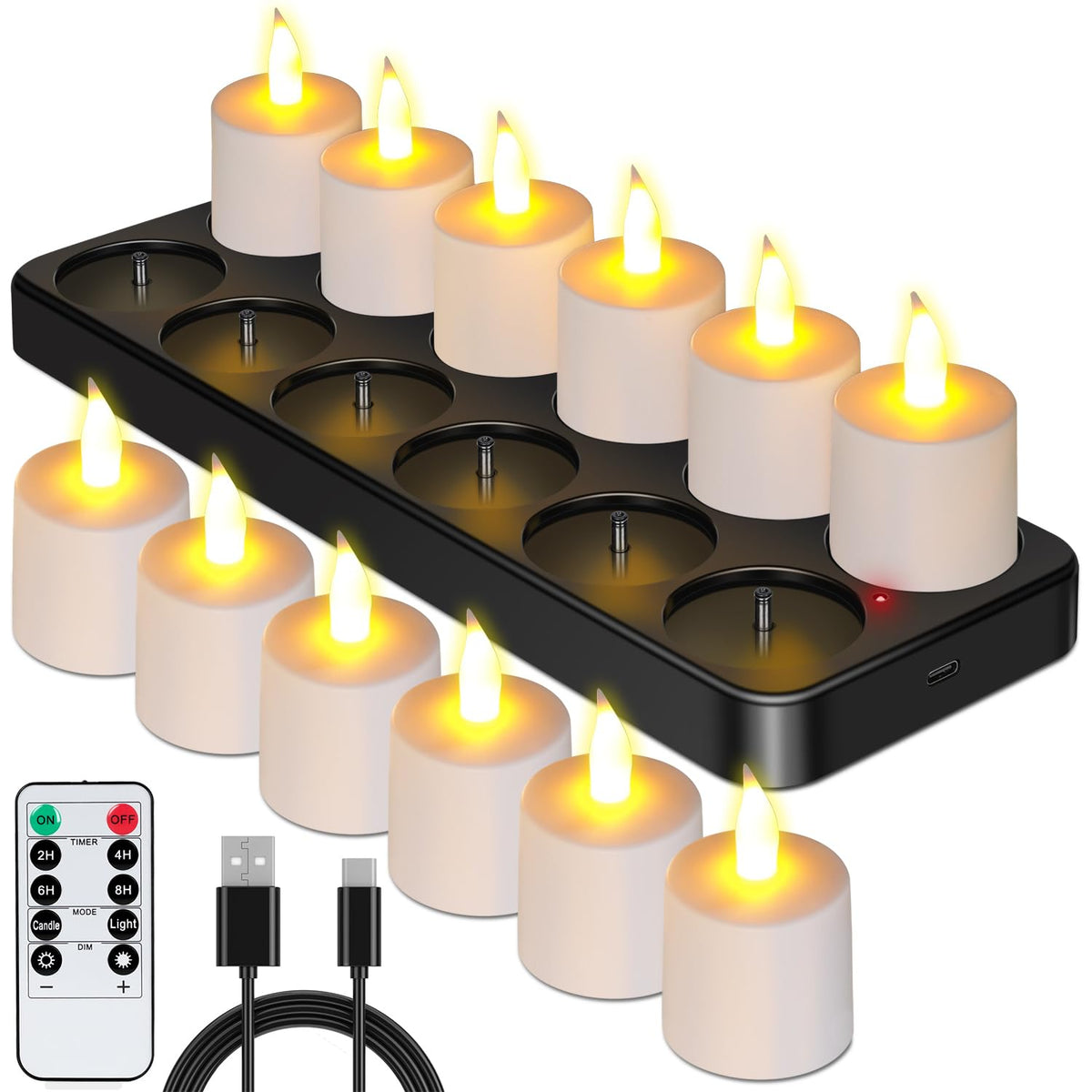 Esup rechargeable tea lights with remote control create ambient lighting for events.