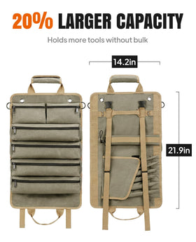 Eswilran Tool Roll Up Bag rolled closed for easy transport on a truck or bike.