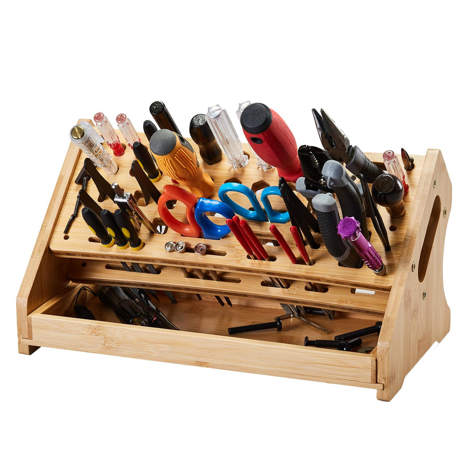 ESYTEOOT bamboo screwdriver organizer rack showcases natural grain for a tidy workspace.