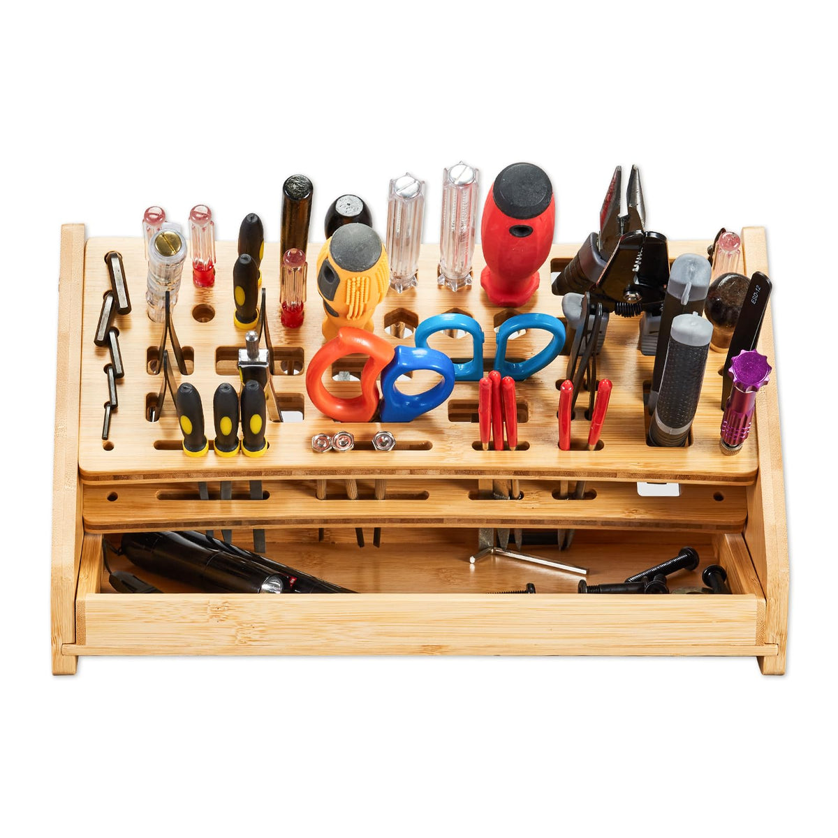 ESYTEOOT space-saving rack reduces clutter on desks and benches.