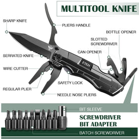 ETEH multitool knife shows ergonomic grip for secure handling.