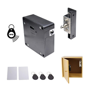 ETEKJOY RFID lock on cabinet front view, secure access for wooden furniture.