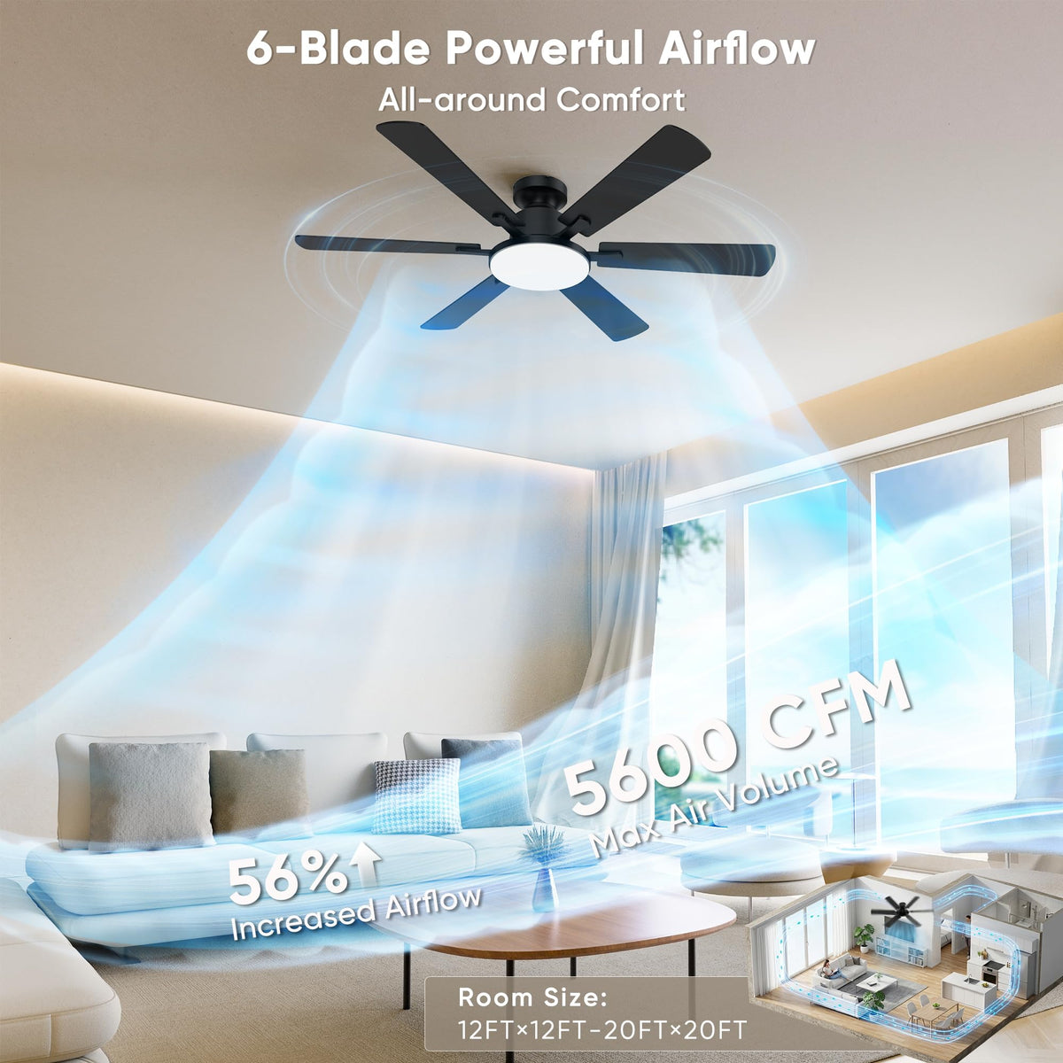 Eterfun quiet DC motor delivers smooth, year-round comfort in a bedroom or living room