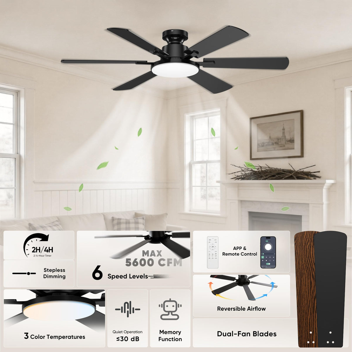 Eterfun six-blade ceiling fan design promotes steady airflow and quiet operation