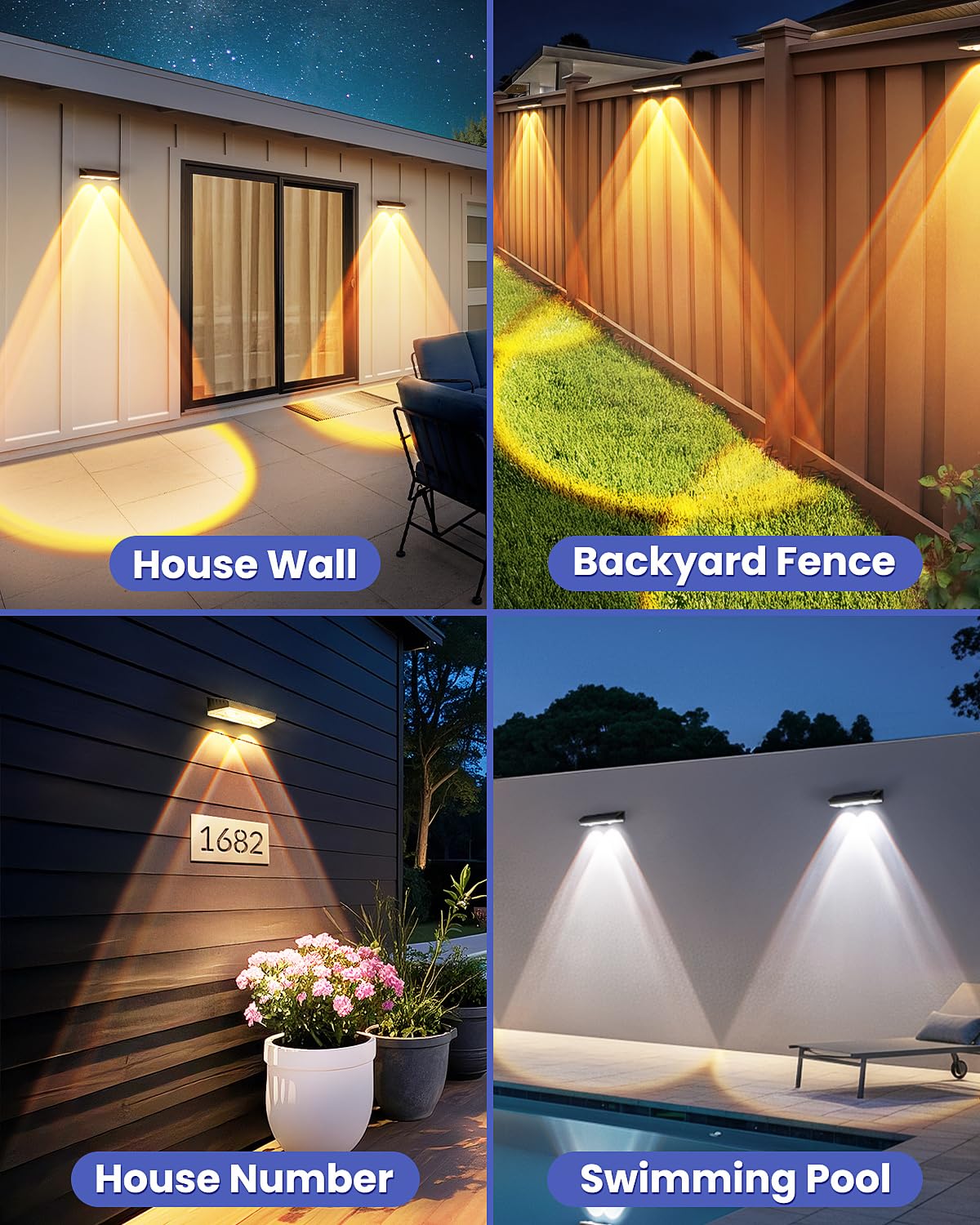 Etetale Solar Fence Lights with 2 LEDs in cool white brighten modern exteriors and night visibility.