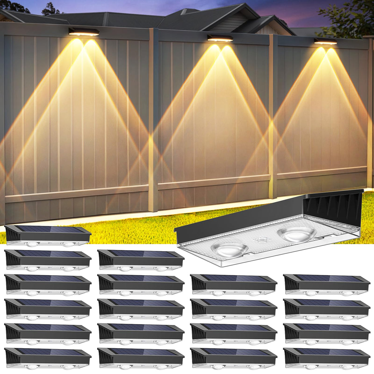 Etetale Solar Fence Lights with 2 LEDs in warm white create inviting outdoor ambiance.