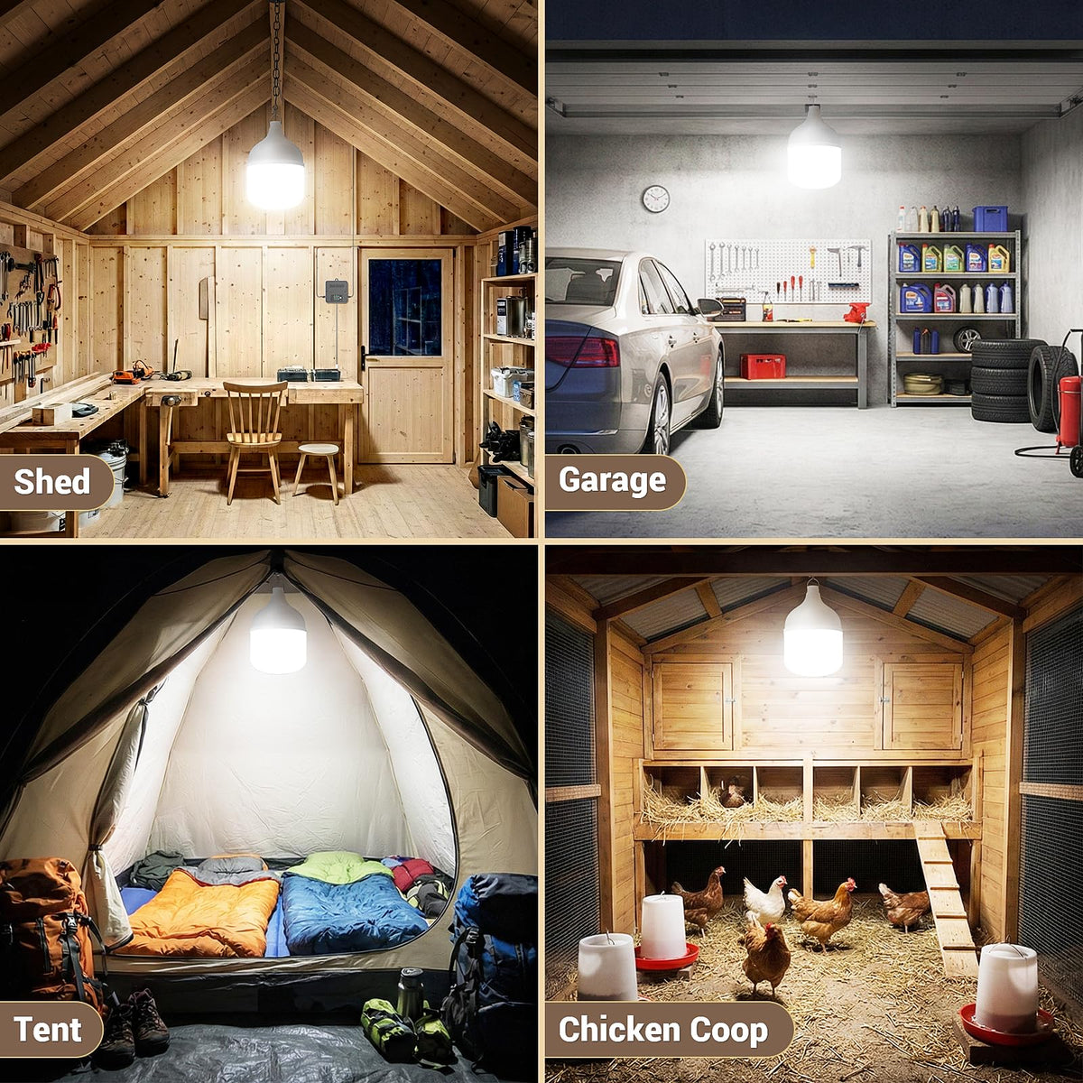 Etetale solar light shown in indoor outdoor application for garage or gazebo.