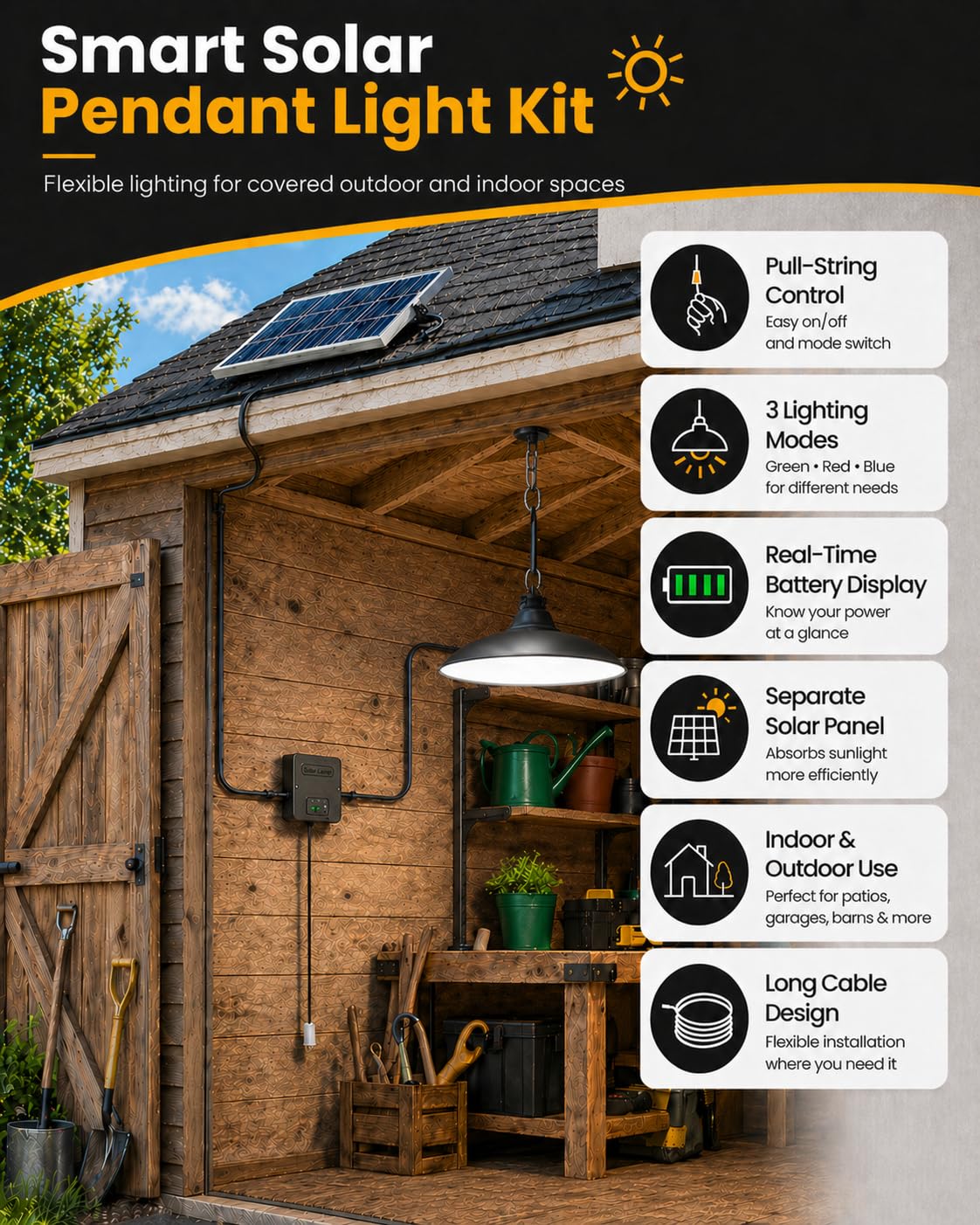 Etetale solar pendant light outside powers indoors lighting with versatile cable reach