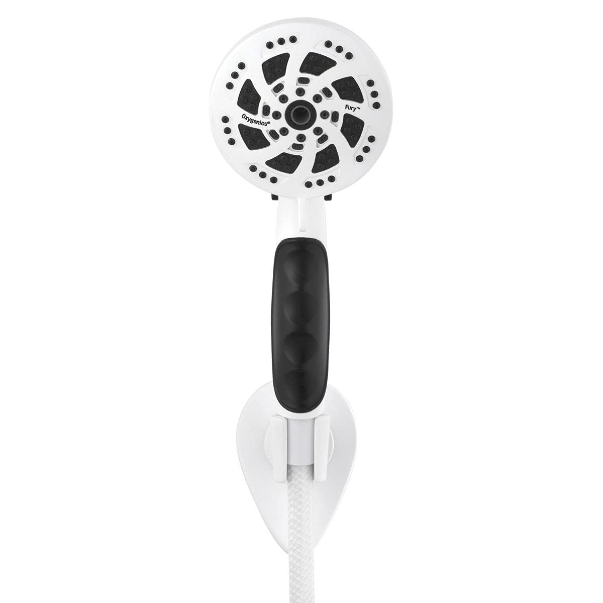ETL Oxygenics Fury RV handheld shower handle with ergonomic grip for secure operation in small RV showers