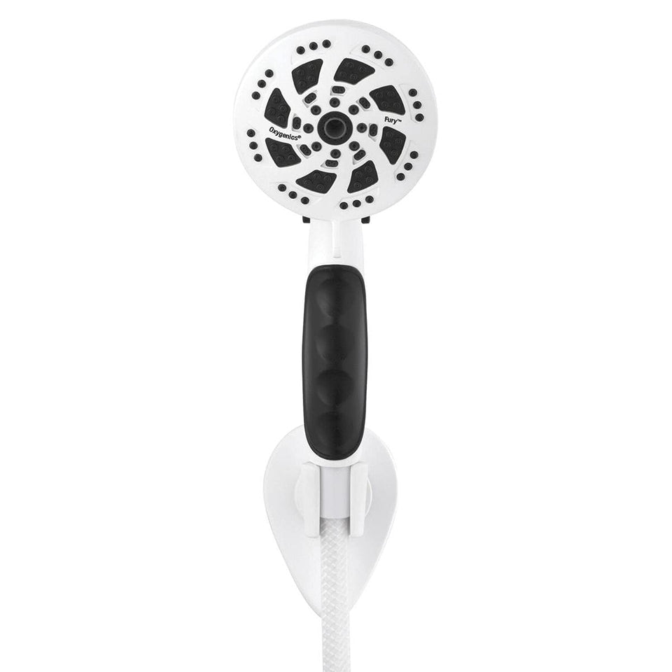 ETL Oxygenics Fury RV handheld shower handle with ergonomic grip for secure operation in small RV showers